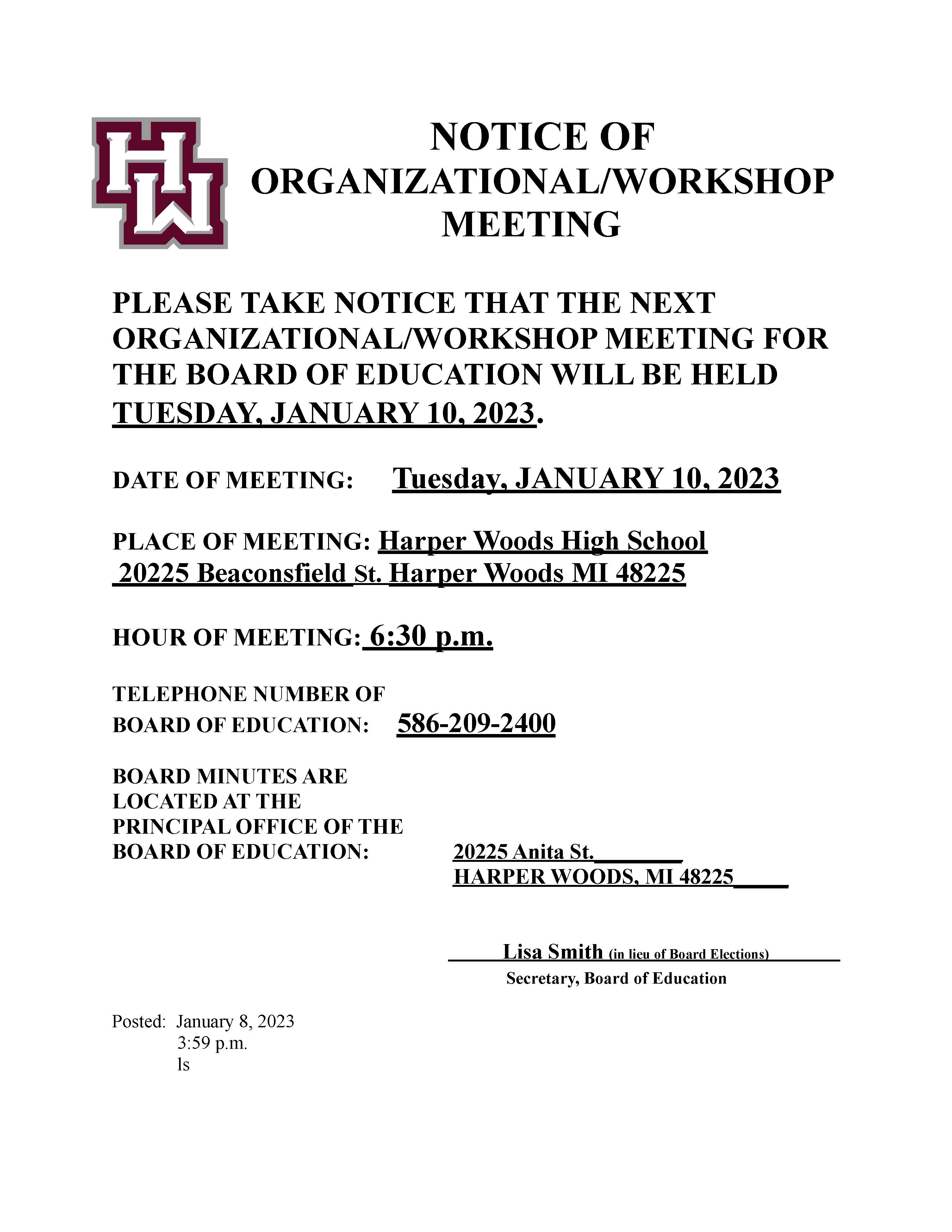 BOE  ORGANIZATIONAL/WORKSHOP MEETING TUESDAY, JANUARY 10, 2023.