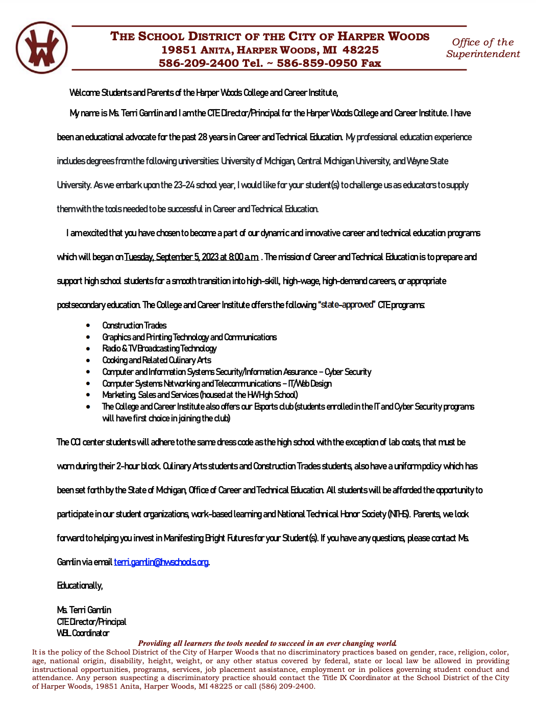 2023-2024 CCI Welcome Letter