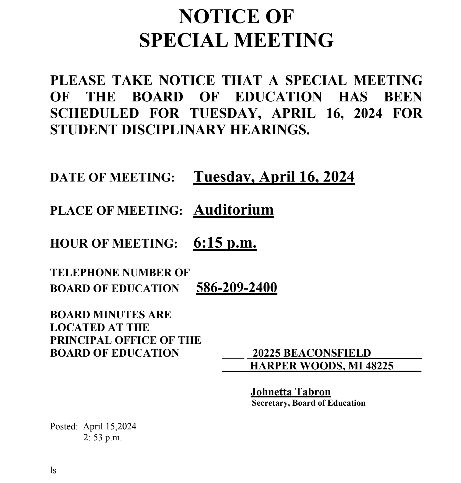 BOE Special Meeting 