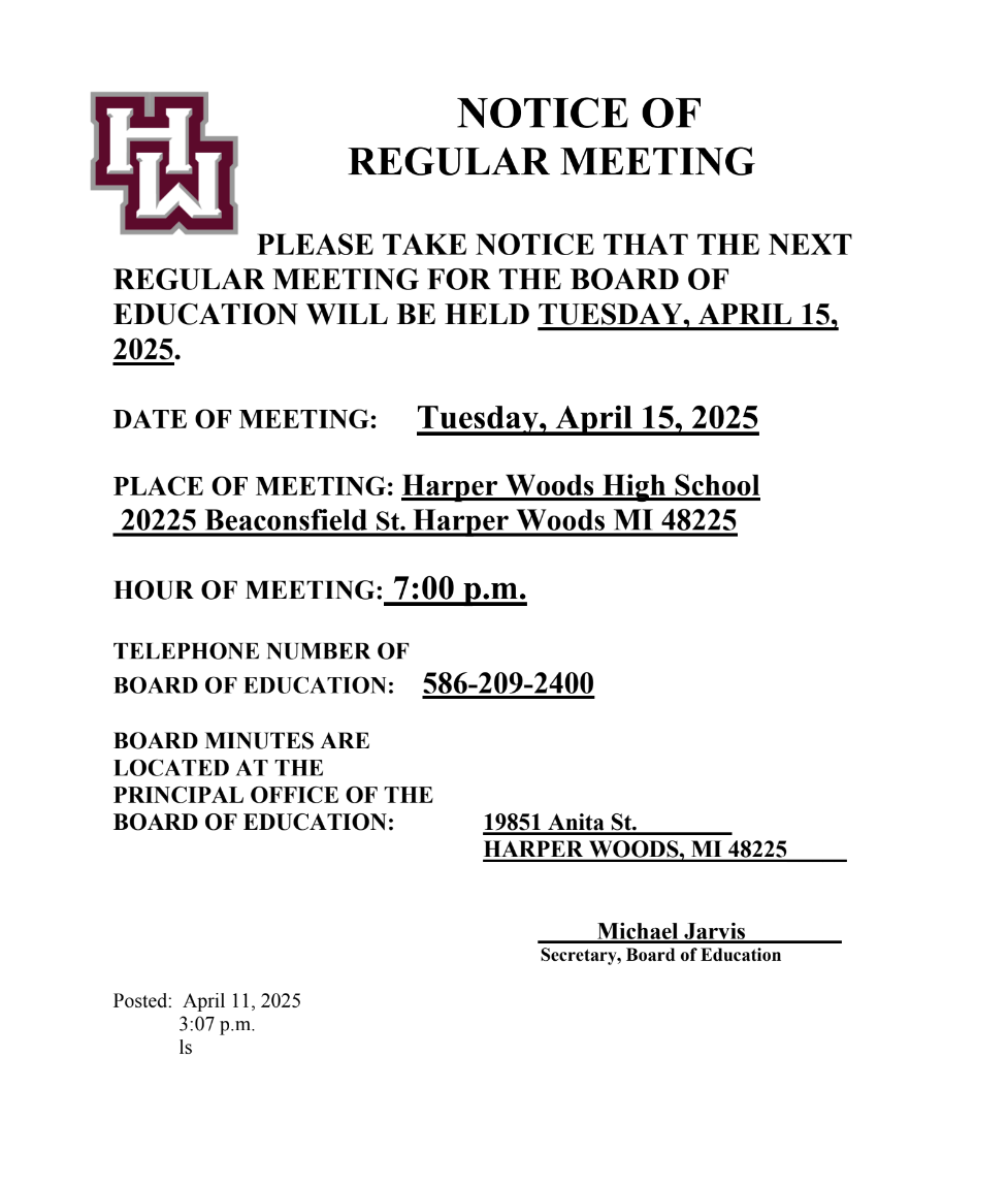 NOTICE OF REGULAR MEETING