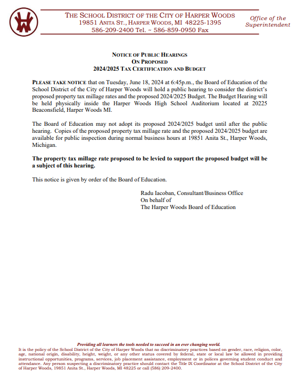 NOTICE OF BUDGET HEARING