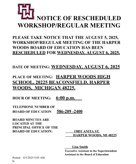 NOTICE OF RESCHEDULED WORKSHOP/REGULAR MEETING