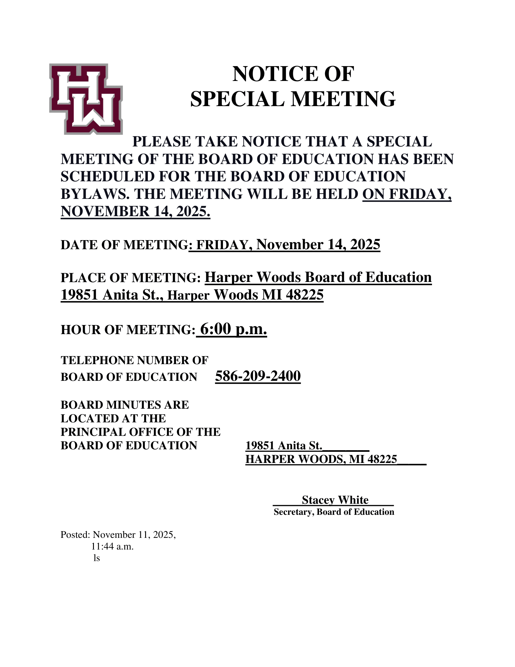 NOTICE OF SPECIAL MEETING