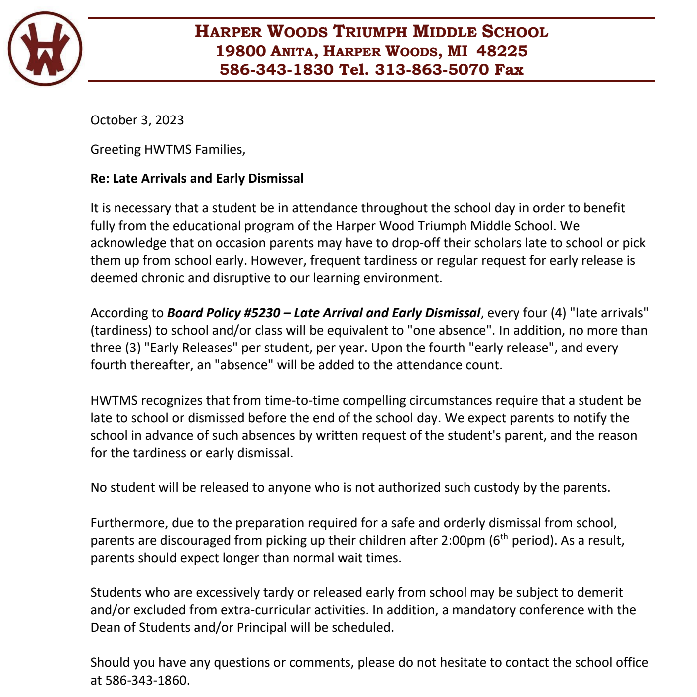 2023 Late Arrivals and Early Dismissal Letter